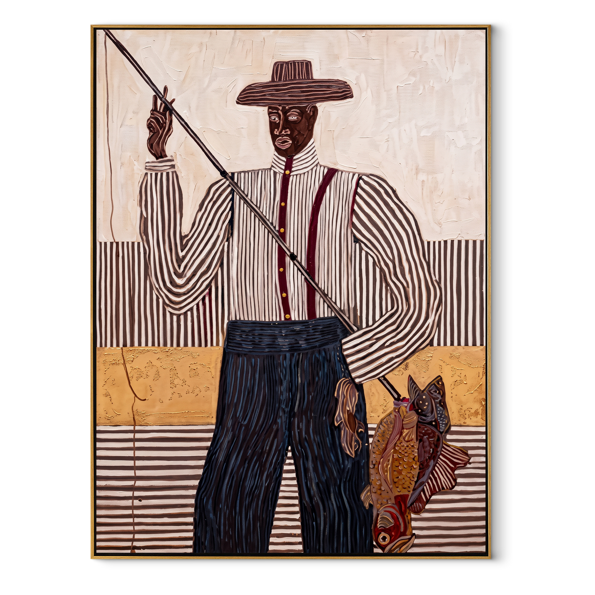 Tall Fisher Holds Line - fisherman with rod painting by Elliot Vale, modern figurative vertical wall art - framed artwork on white background