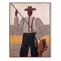Tall Fisher Holds Line - fisherman with rod painting by Elliot Vale, modern figurative vertical wall art - framed artwork on white background