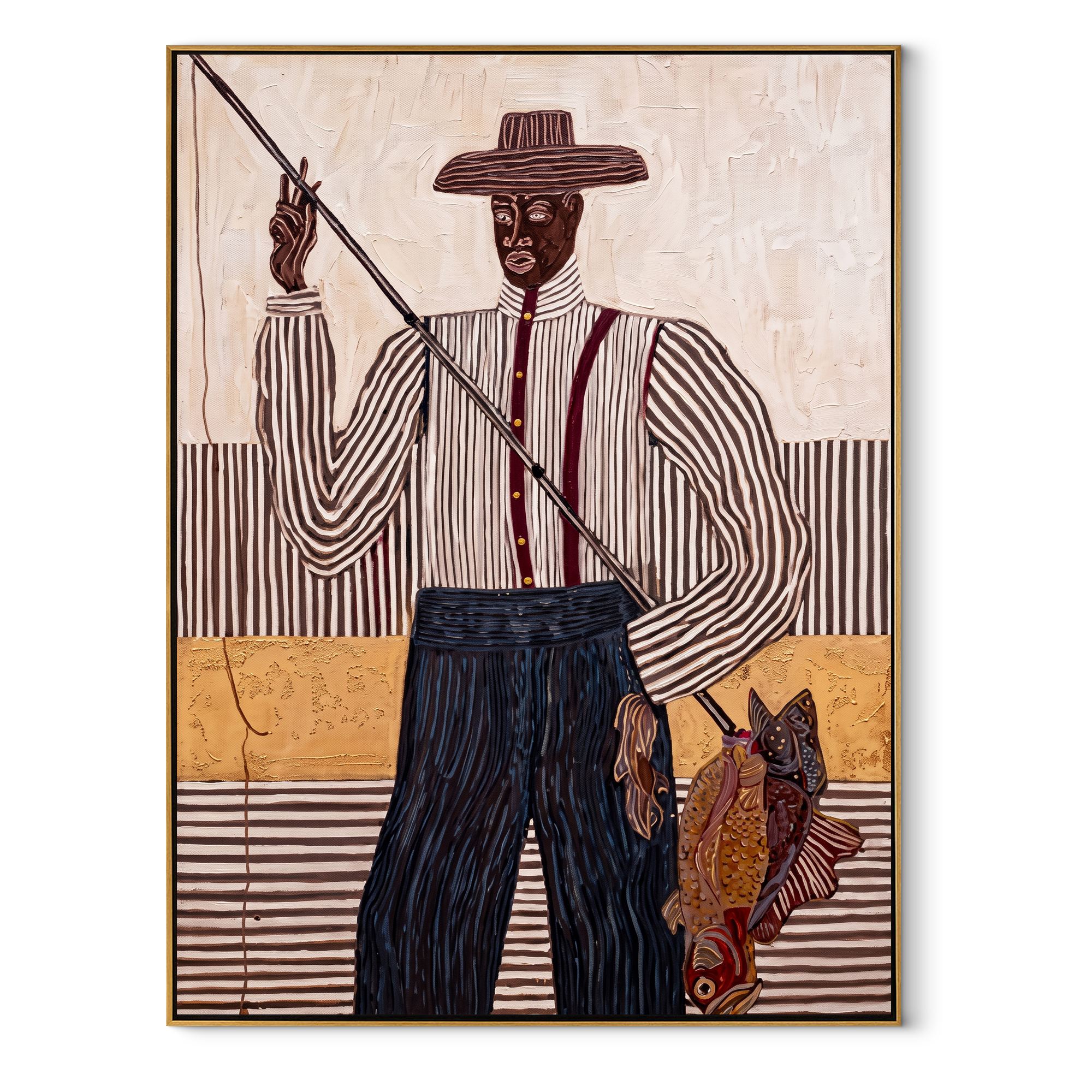 Tall Fisher Holds Line - fisherman with rod painting by Elliot Vale, modern figurative vertical wall art - framed artwork on white background