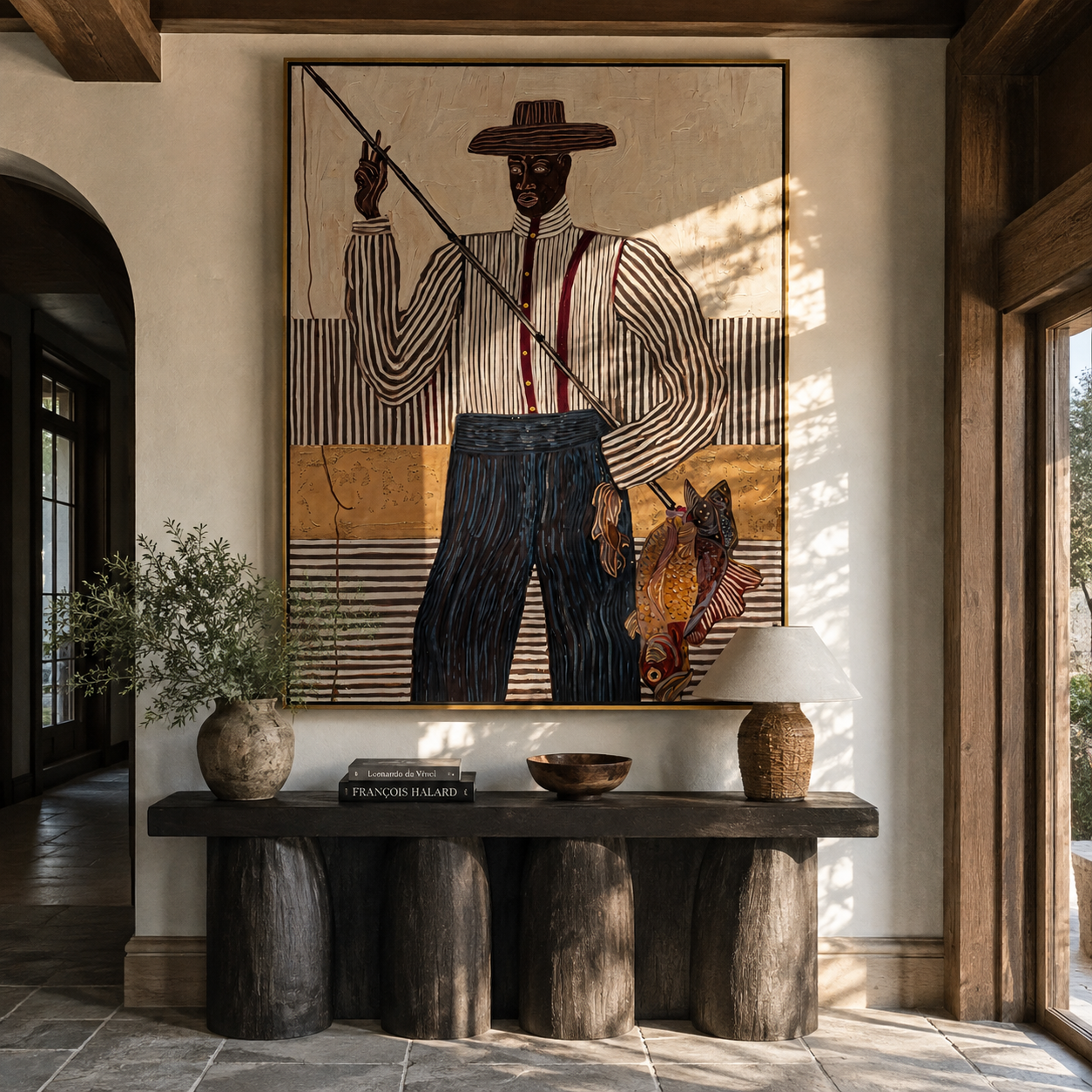 Tall Fisher Holds Line - fisherman with rod painting by Elliot Vale, modern figurative vertical wall art - styled room scene view 2