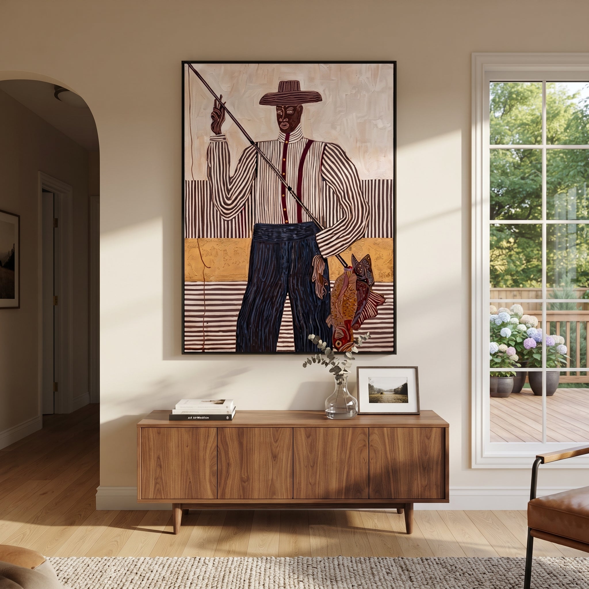Tall Fisher Holds Line - fisherman with rod painting by Elliot Vale, modern figurative vertical wall art - styled room scene view 3