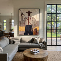 Tall Fisher Holds Line - fisherman with rod painting by Elliot Vale, modern figurative vertical wall art - styled room scene view 4