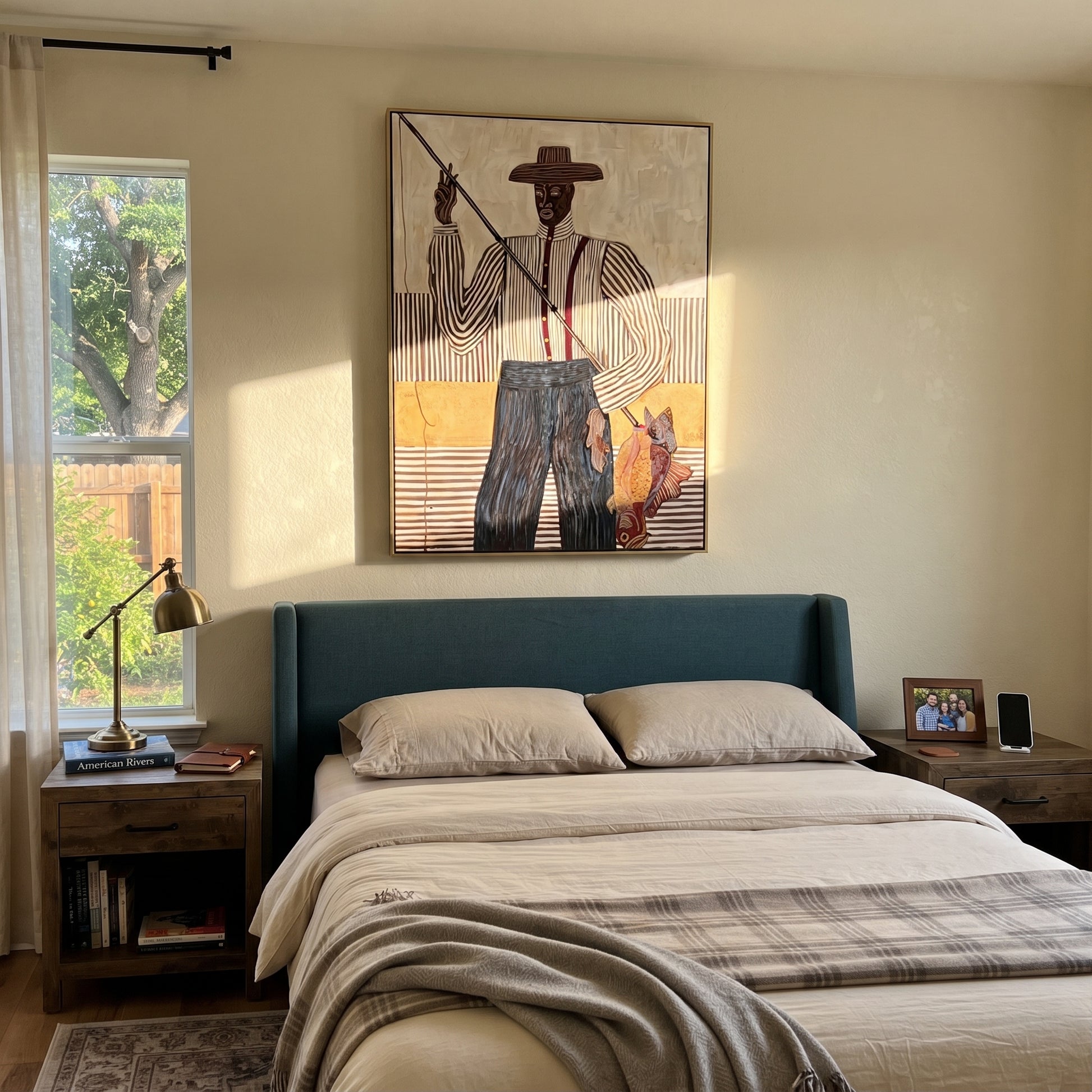 Tall Fisher Holds Line - fisherman with rod painting by Elliot Vale, modern figurative vertical wall art - styled room scene view 5