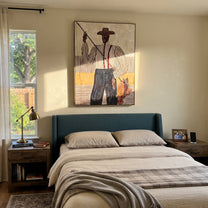 Tall Fisher Holds Line - fisherman with rod painting by Elliot Vale, modern figurative vertical wall art - styled room scene view 5