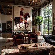 Burgundy Horse Steps Forward - geometric horse rider painting by Elliot Vale, modern figurative vertical wall art - styled room scene view 1