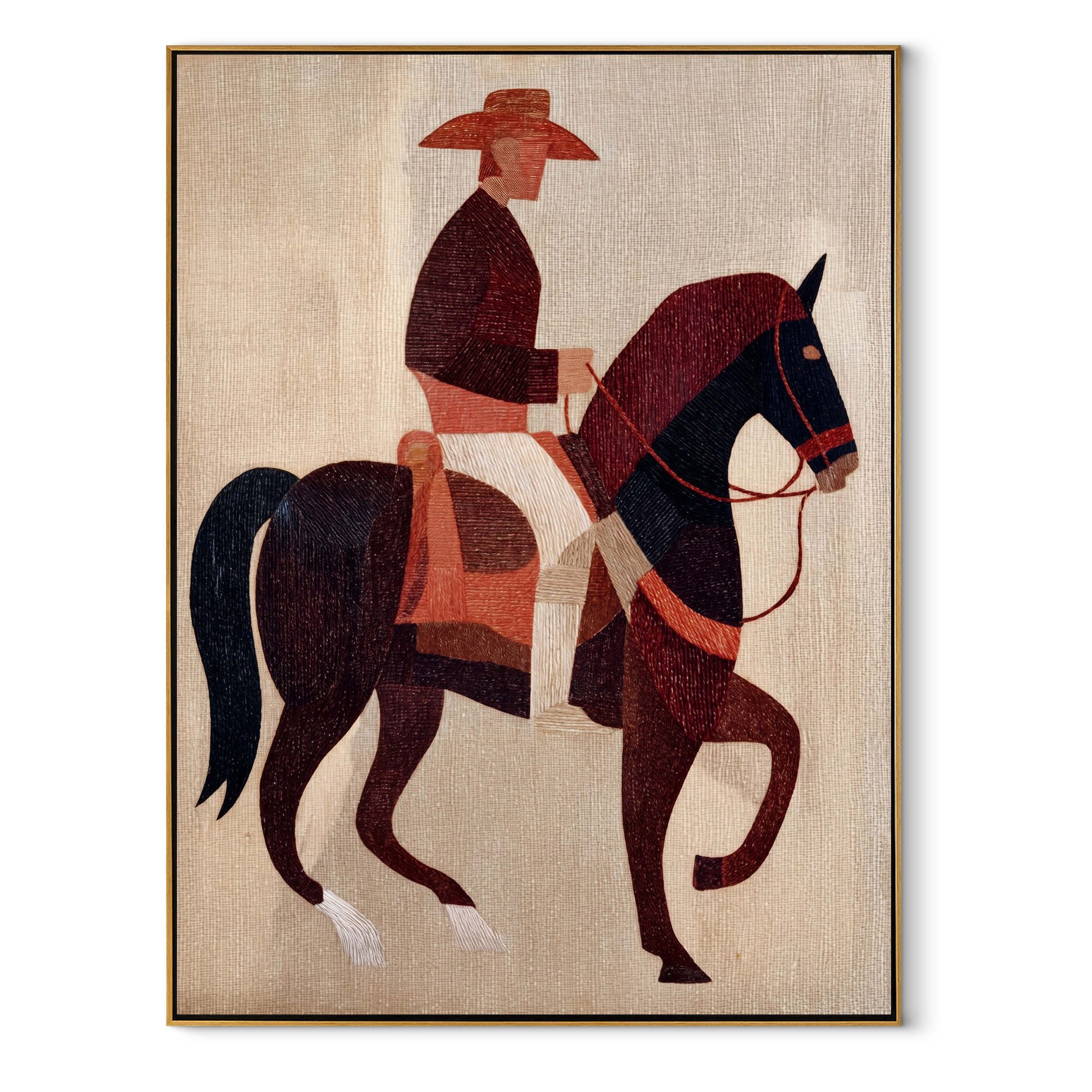 Burgundy Horse Steps Forward - geometric horse rider painting by Elliot Vale, modern figurative vertical wall art - framed artwork on white background