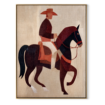 Burgundy Horse Steps Forward - geometric horse rider painting by Elliot Vale, modern figurative vertical wall art - framed artwork on white background