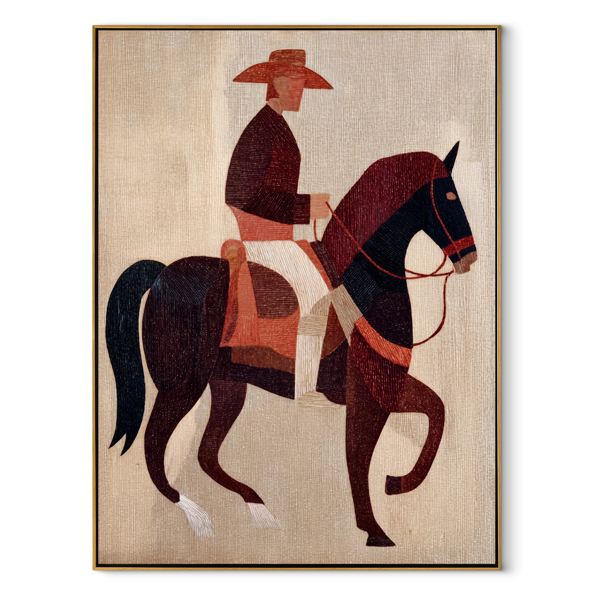 Burgundy Horse Steps Forward - geometric horse rider painting by Elliot Vale, modern figurative vertical wall art - framed artwork on white background