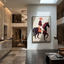 Burgundy Horse Steps Forward - geometric horse rider painting by Elliot Vale, modern figurative vertical wall art - styled room scene view 2