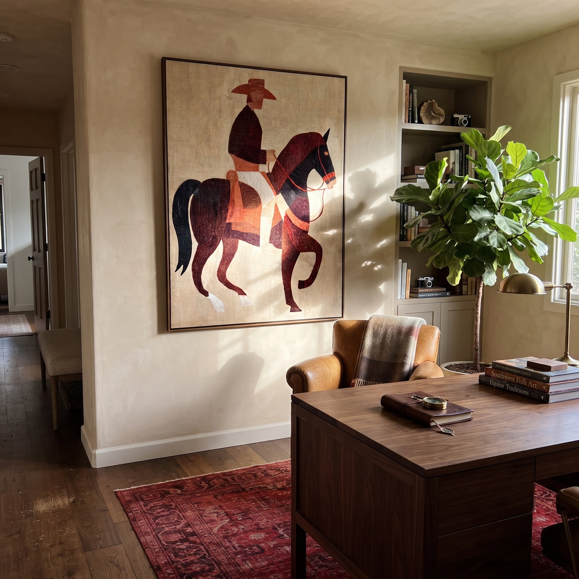 Burgundy Horse Steps Forward - geometric horse rider painting by Elliot Vale, modern figurative vertical wall art - styled room scene view 3