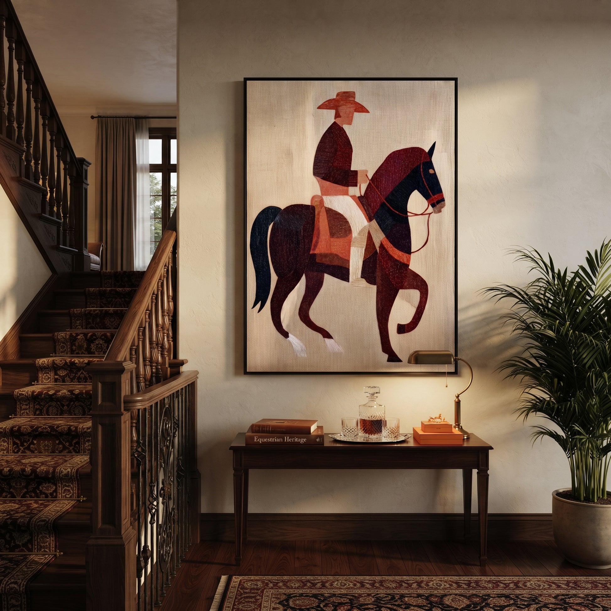 Burgundy Horse Steps Forward - geometric horse rider painting by Elliot Vale, modern figurative vertical wall art - styled room scene view 4