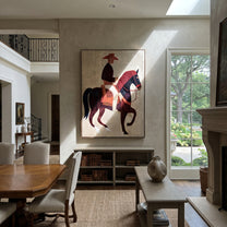 Burgundy Horse Steps Forward - geometric horse rider painting by Elliot Vale, modern figurative vertical wall art - styled room scene view 5