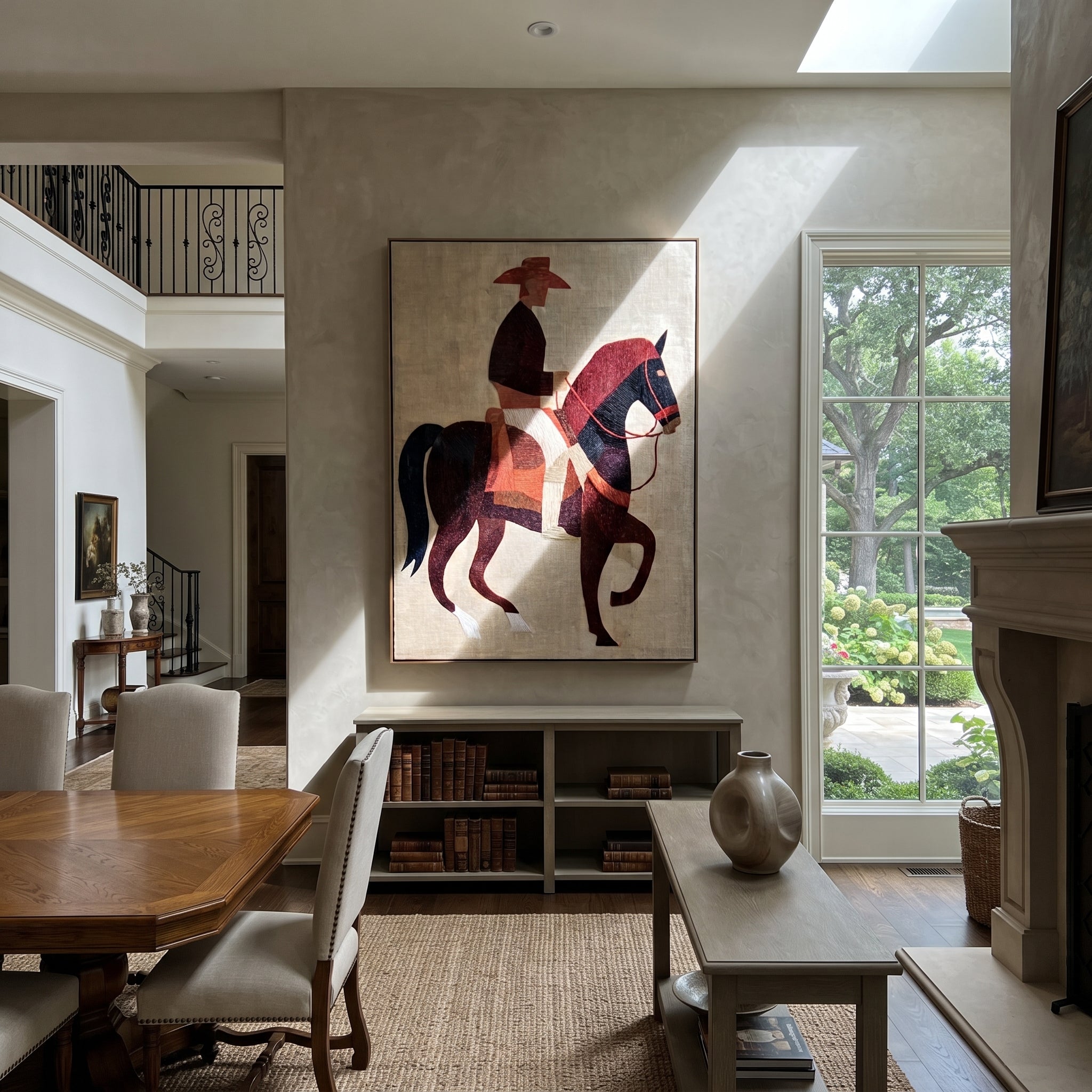 Burgundy Horse Steps Forward - geometric horse rider painting by Elliot Vale, modern figurative vertical wall art - styled room scene view 5