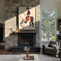 Pale Horse Crosses Silence - geometric white horse painting by Elliot Vale, modern figurative vertical wall art - styled room scene view 1