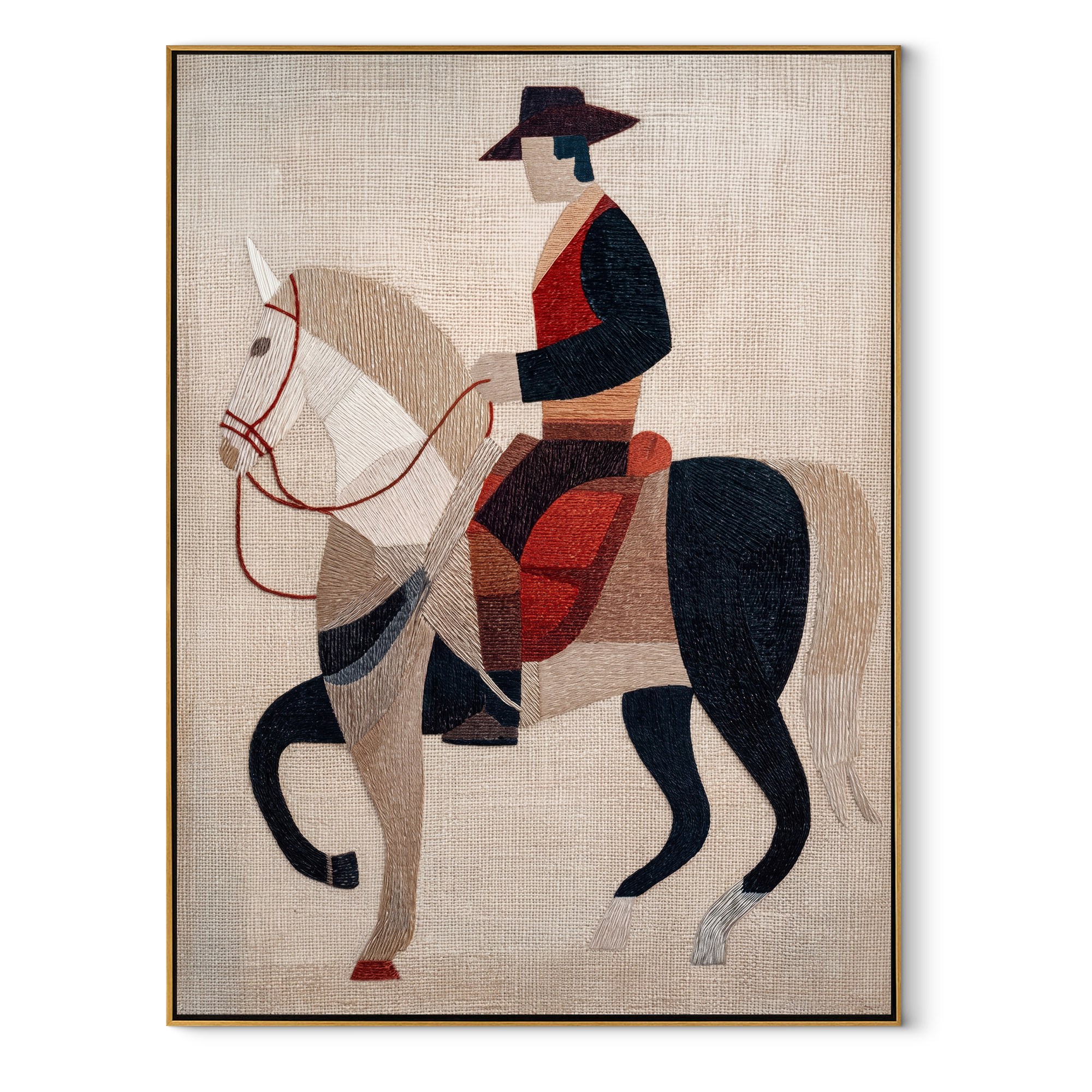 Pale Horse Crosses Silence - geometric white horse painting by Elliot Vale, modern figurative vertical wall art - framed artwork on white background