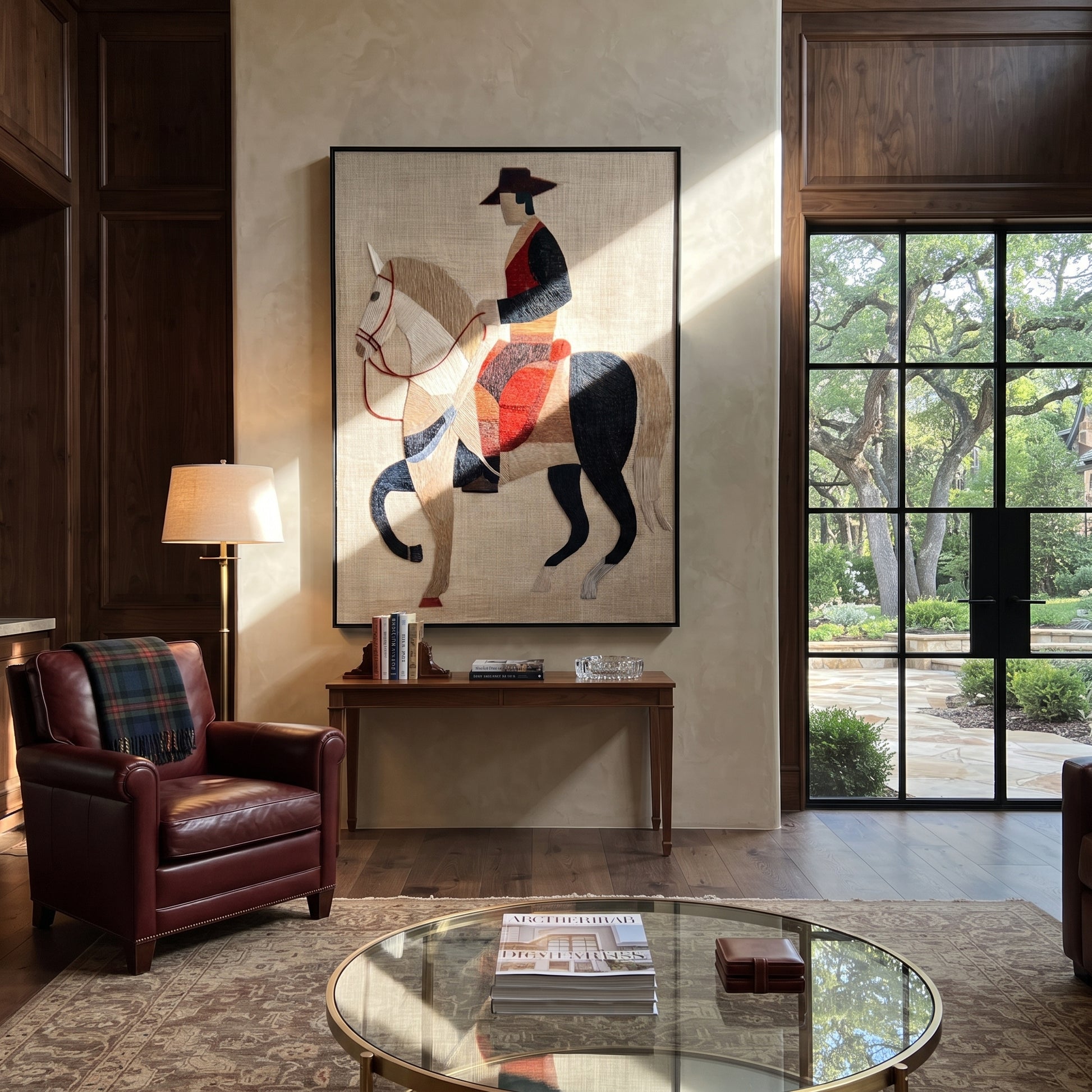 Pale Horse Crosses Silence - geometric white horse painting by Elliot Vale, modern figurative vertical wall art - styled room scene view 2