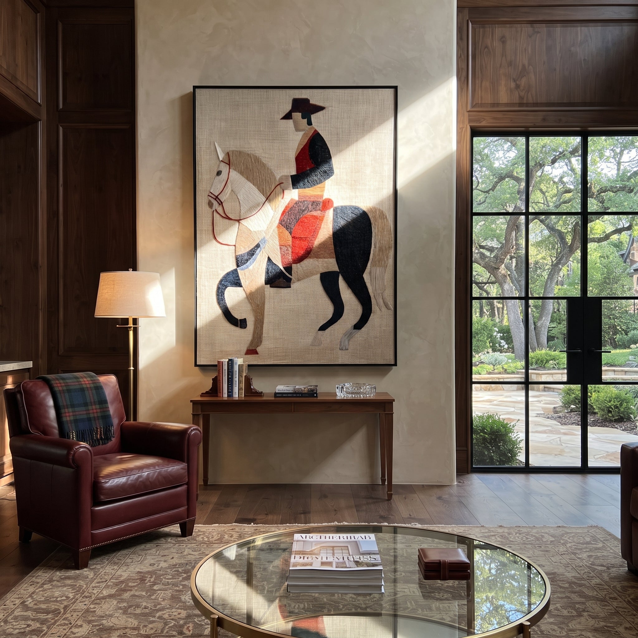 Pale Horse Crosses Silence - geometric white horse painting by Elliot Vale, modern figurative vertical wall art - styled room scene view 2