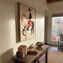 Pale Horse Crosses Silence - geometric white horse painting by Elliot Vale, modern figurative vertical wall art - styled room scene view 3