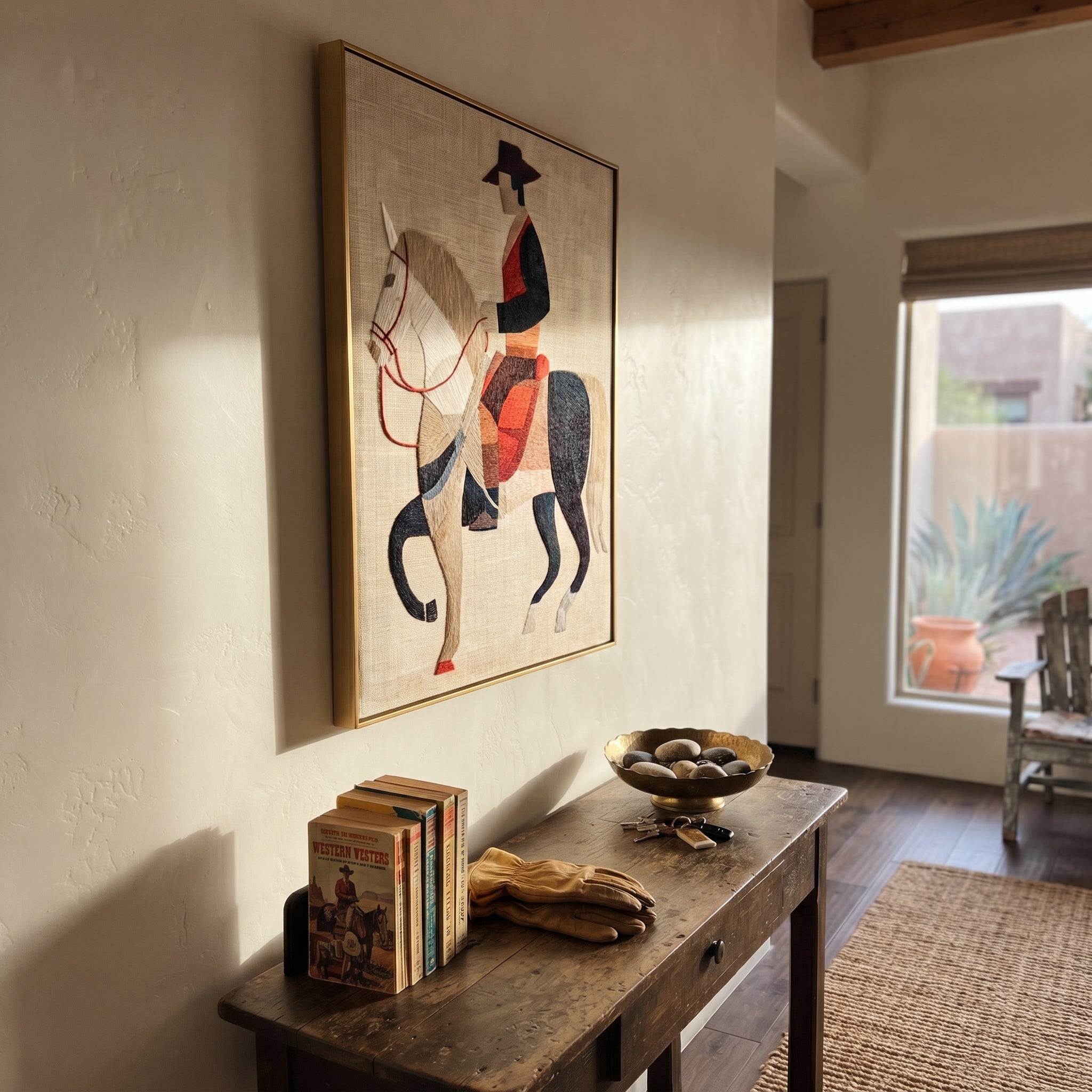 Pale Horse Crosses Silence - geometric white horse painting by Elliot Vale, modern figurative vertical wall art - styled room scene view 3