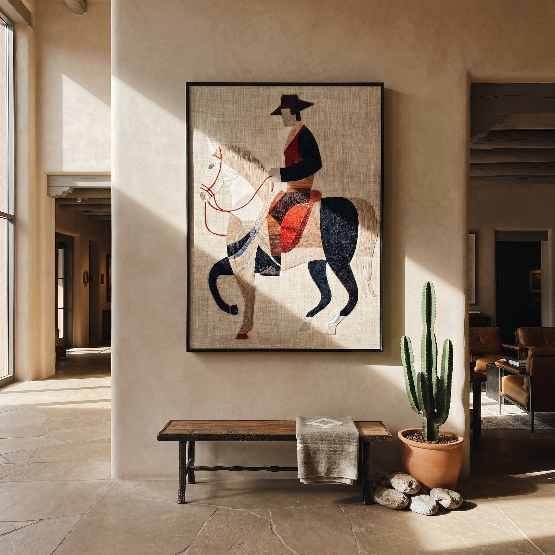 Pale Horse Crosses Silence - geometric white horse painting by Elliot Vale, modern figurative vertical wall art - styled room scene view 4