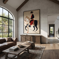 Pale Horse Crosses Silence - geometric white horse painting by Elliot Vale, modern figurative vertical wall art - styled room scene view 5