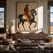 Amber Rider Lifts Black - amber black horse painting by Elliot Vale, modern figurative vertical wall art - styled room scene view 1