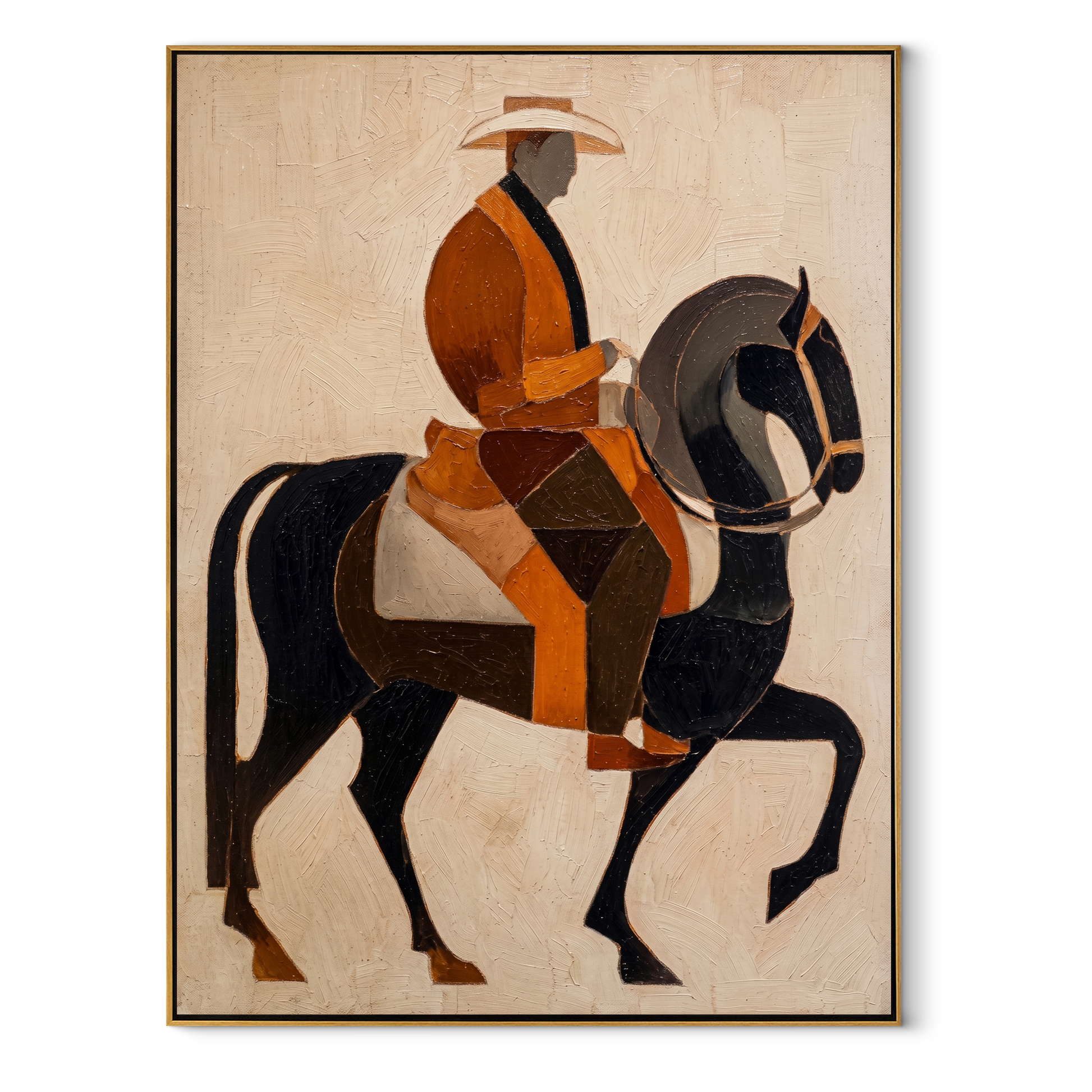 Amber Rider Lifts Black - amber black horse painting by Elliot Vale, modern figurative vertical wall art - framed artwork on white background