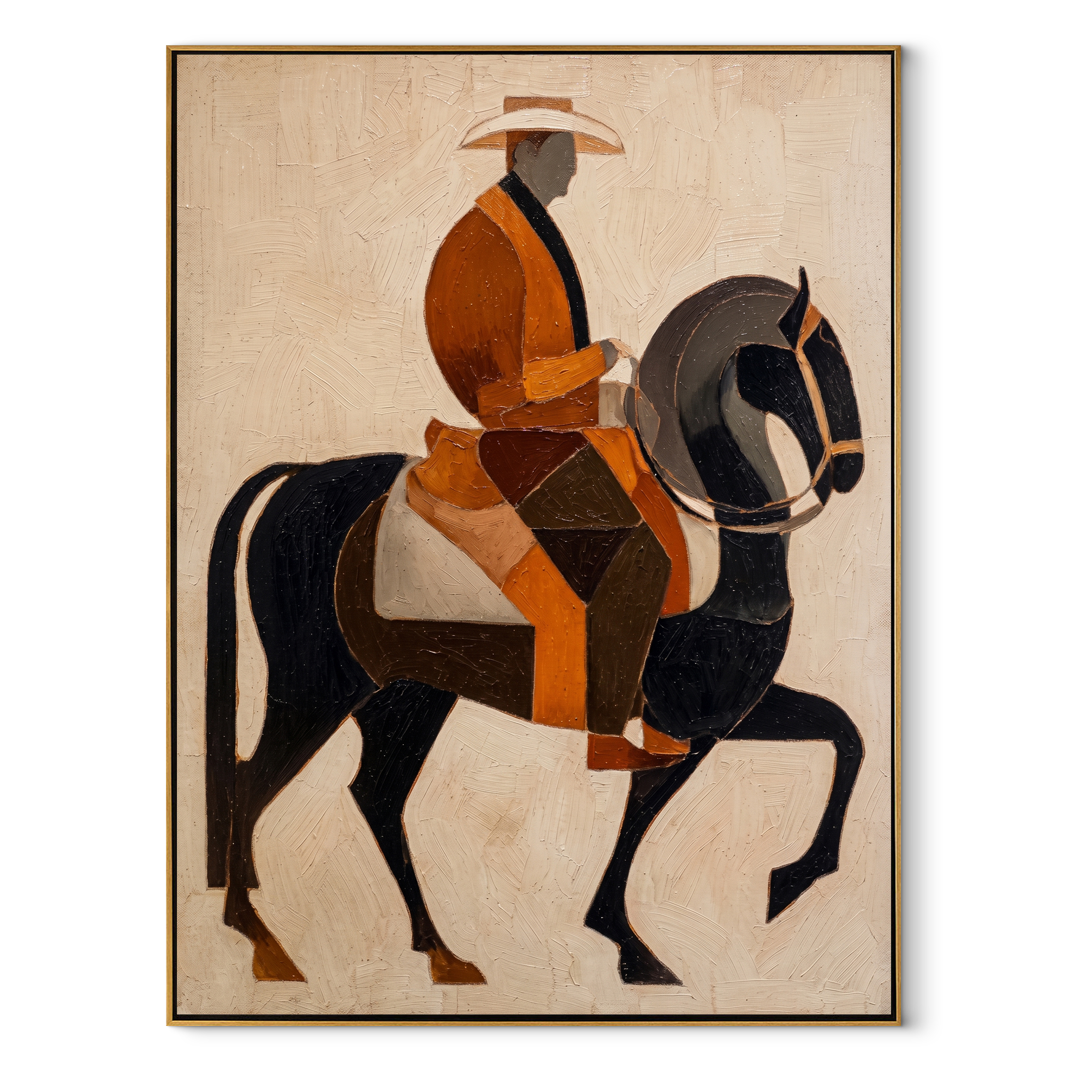 Amber Rider Lifts Black - amber black horse painting by Elliot Vale, modern figurative vertical wall art - framed artwork on white background