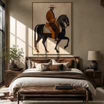 Amber Rider Lifts Black - amber black horse painting by Elliot Vale, modern figurative vertical wall art - styled room scene view 2