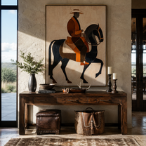 Amber Rider Lifts Black - amber black horse painting by Elliot Vale, modern figurative vertical wall art - styled room scene view 3