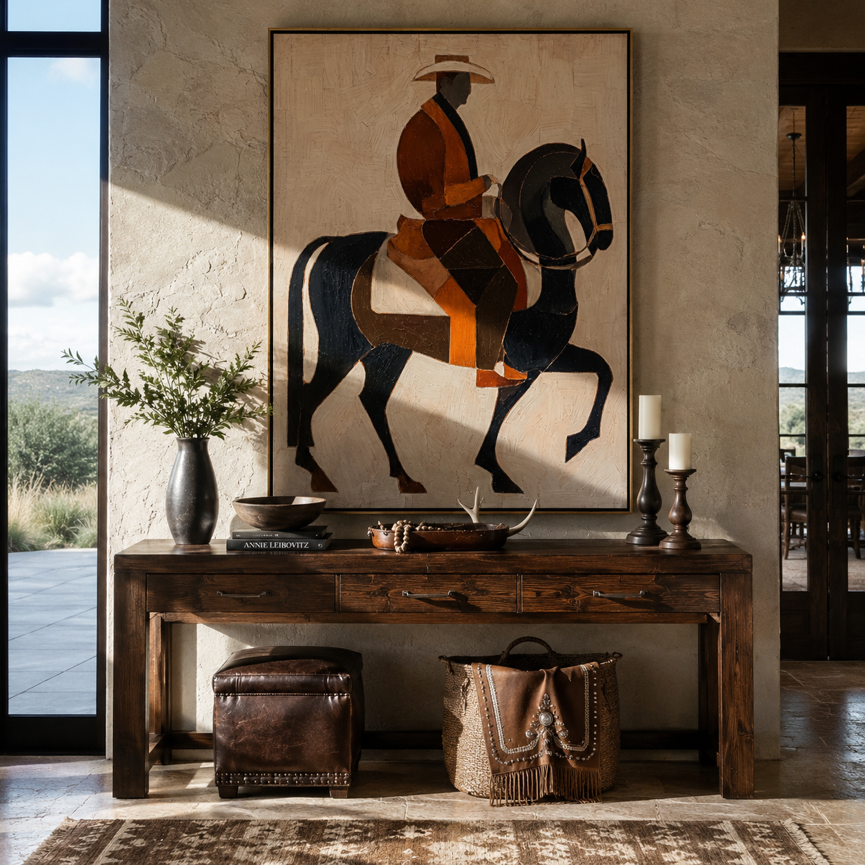 Amber Rider Lifts Black - amber black horse painting by Elliot Vale, modern figurative vertical wall art - styled room scene view 3