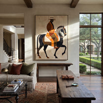 Amber Rider Lifts Black - amber black horse painting by Elliot Vale, modern figurative vertical wall art - styled room scene view 4