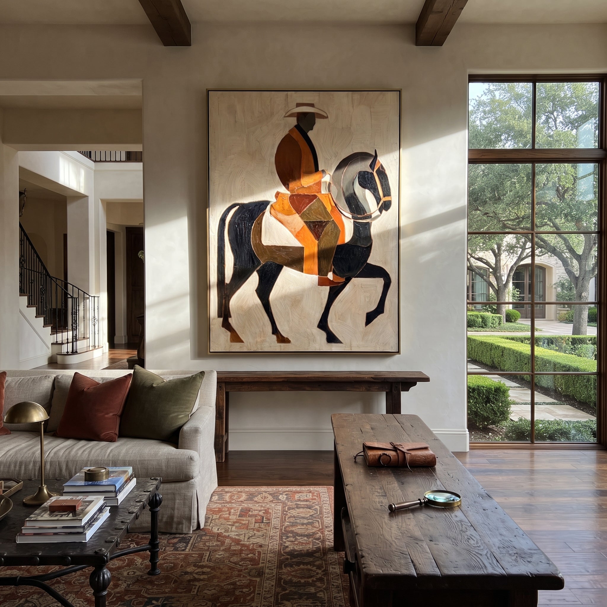 Amber Rider Lifts Black - amber black horse painting by Elliot Vale, modern figurative vertical wall art - styled room scene view 4