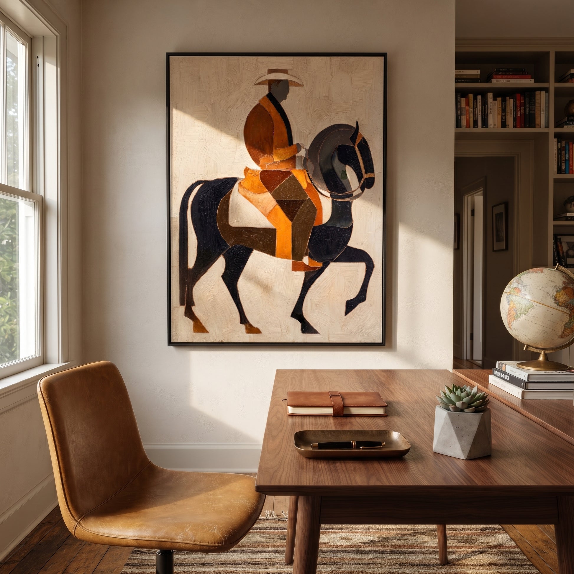 Amber Rider Lifts Black - amber black horse painting by Elliot Vale, modern figurative vertical wall art - styled room scene view 5
