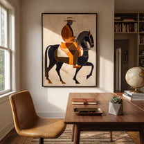 Amber Rider Lifts Black - amber black horse painting by Elliot Vale, modern figurative vertical wall art - styled room scene view 5