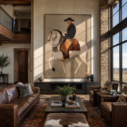 White Horse Bears Midnight - midnight rider horse painting by Elliot Vale, modern figurative vertical wall art - styled room scene view 1