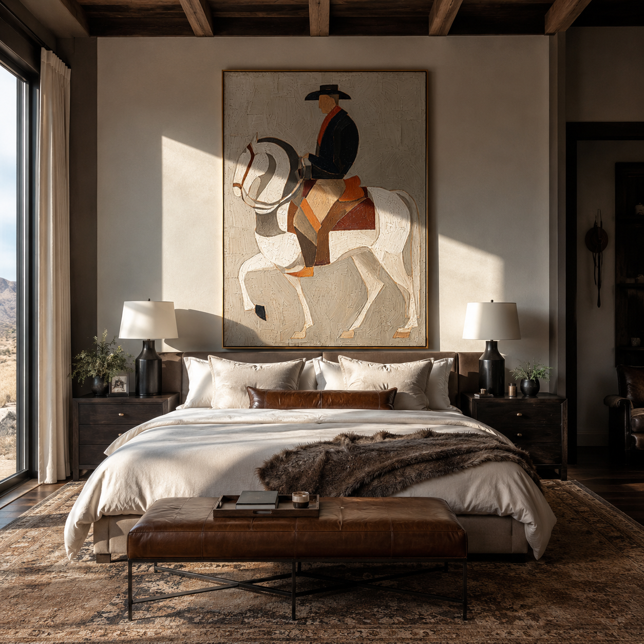 White Horse Bears Midnight - midnight rider horse painting by Elliot Vale, modern figurative vertical wall art - styled room scene view 2