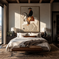 White Horse Bears Midnight - midnight rider horse painting by Elliot Vale, modern figurative vertical wall art - styled room scene view 2
