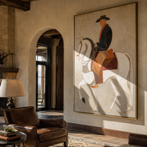 White Horse Bears Midnight - midnight rider horse painting by Elliot Vale, modern figurative vertical wall art - styled room scene view 3