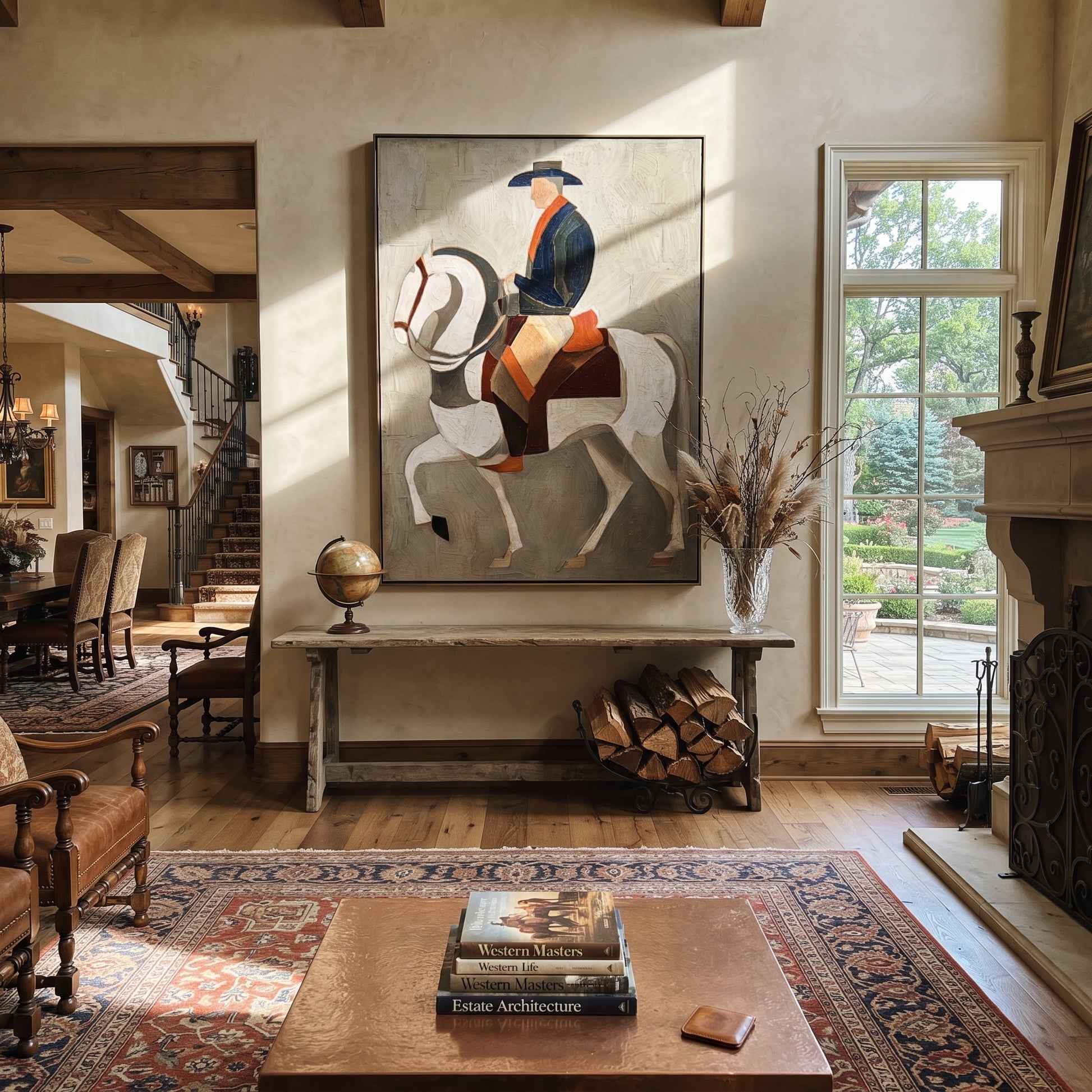 White Horse Bears Midnight - midnight rider horse painting by Elliot Vale, modern figurative vertical wall art - styled room scene view 4
