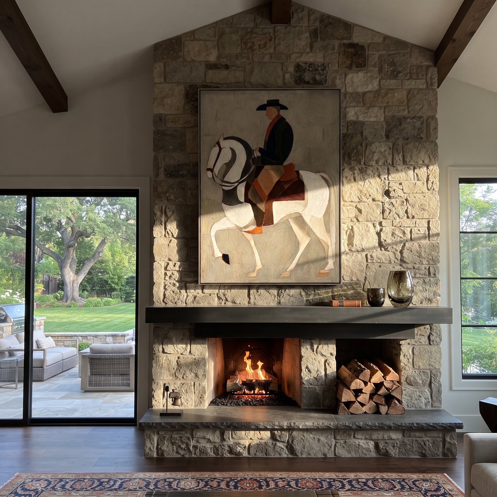 White Horse Bears Midnight - midnight rider horse painting by Elliot Vale, modern figurative vertical wall art - styled room scene view 5