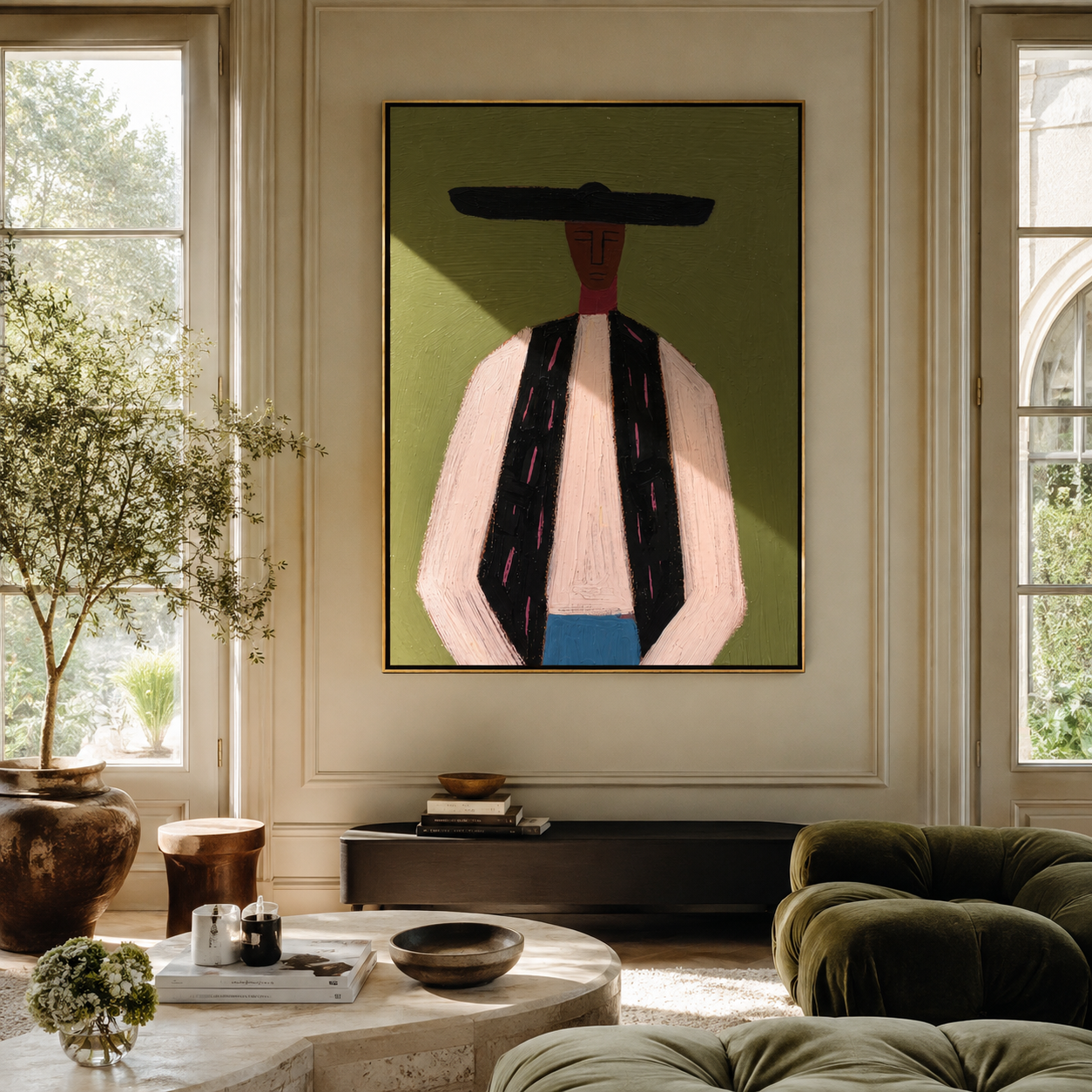 Black Bar Meets Linen - minimal western man painting by Elliot Vale, modern figurative vertical wall art - styled room scene view 1