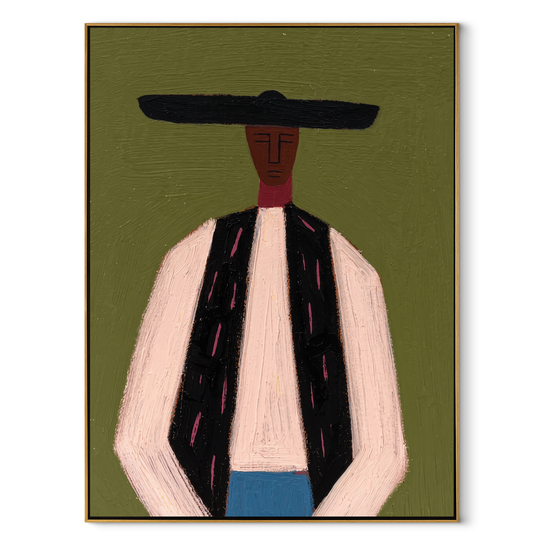 Black Bar Meets Linen - minimal western man painting by Elliot Vale, modern figurative vertical wall art - framed artwork on white background