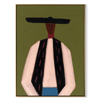 Black Bar Meets Linen - minimal western man painting by Elliot Vale, modern figurative vertical wall art - framed artwork on white background