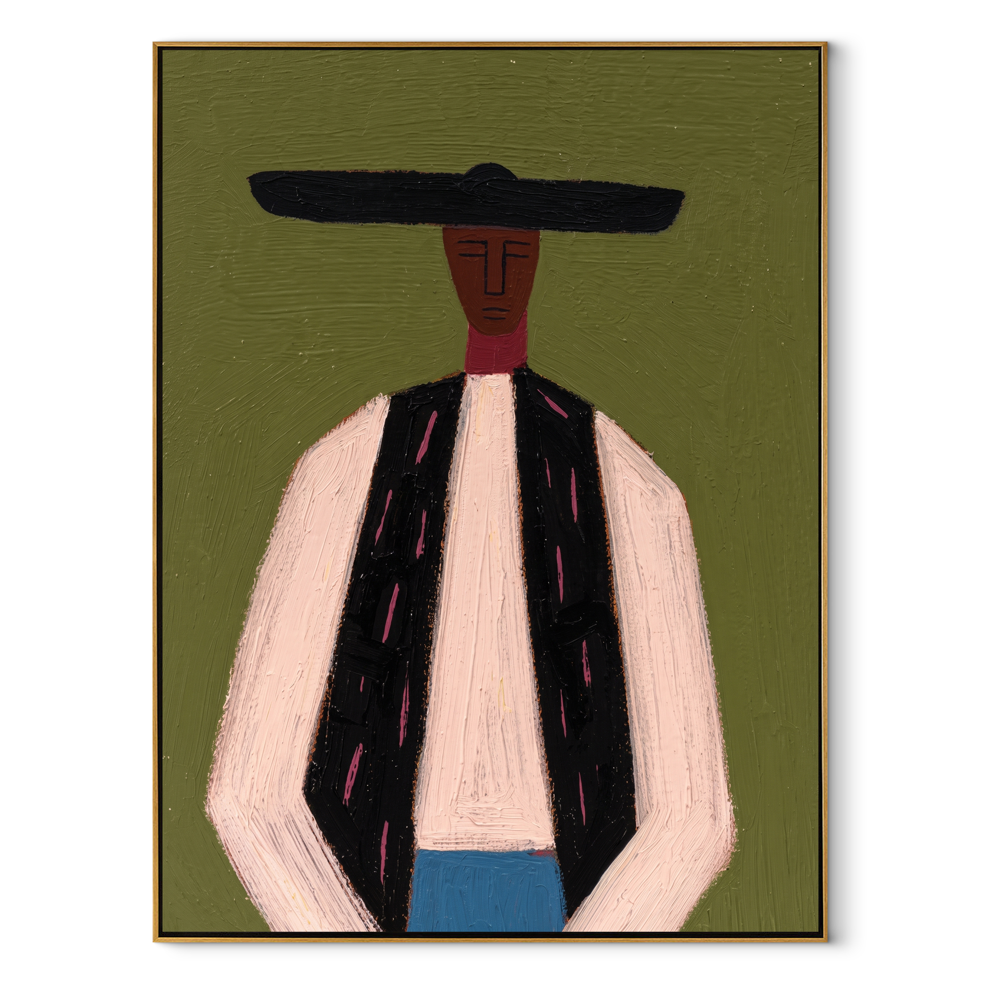 Black Bar Meets Linen - minimal western man painting by Elliot Vale, modern figurative vertical wall art - framed artwork on white background