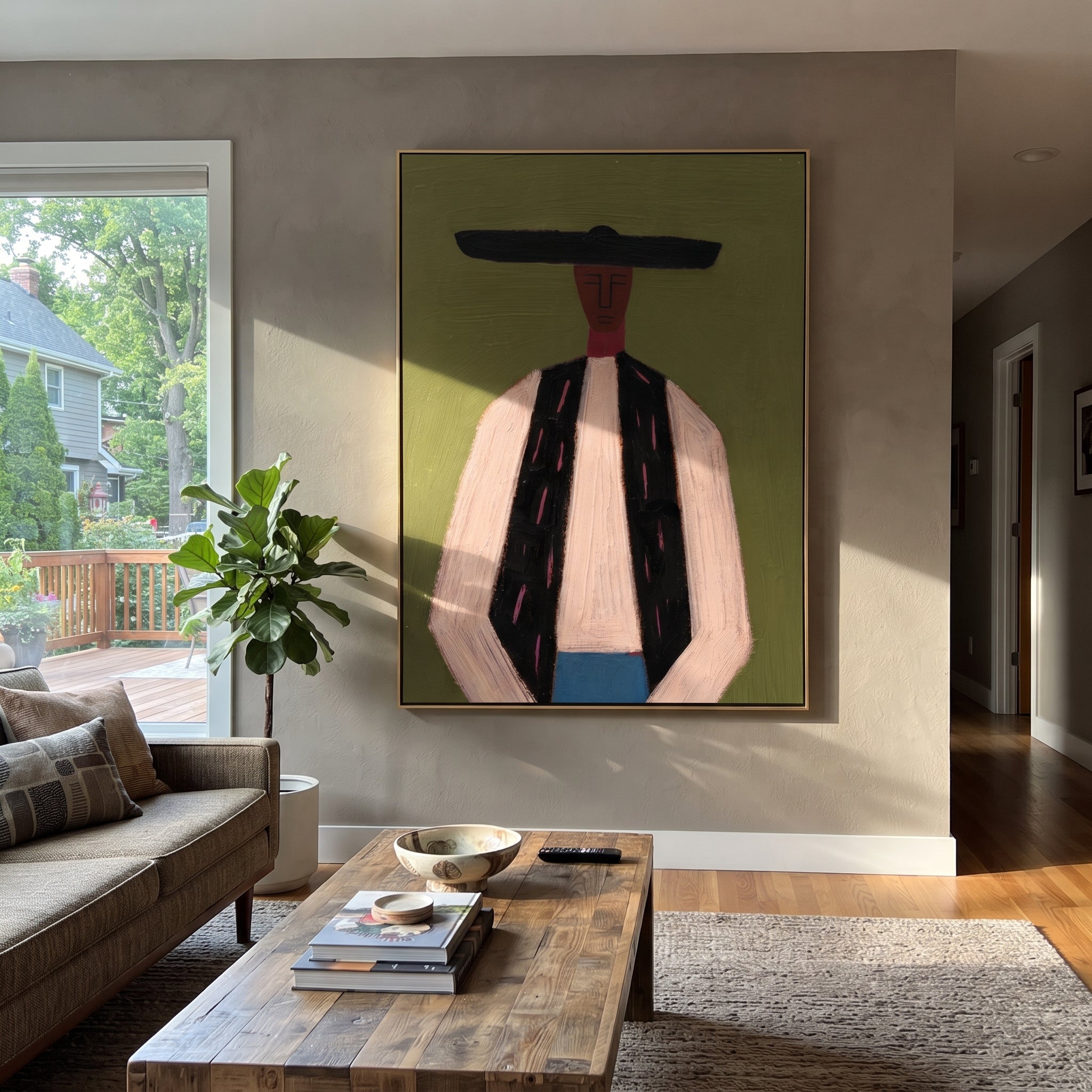 Black Bar Meets Linen - minimal western man painting by Elliot Vale, modern figurative vertical wall art - styled room scene view 2