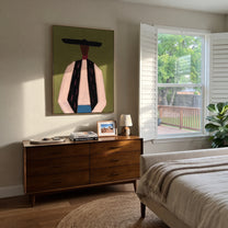 Black Bar Meets Linen - minimal western man painting by Elliot Vale, modern figurative vertical wall art - styled room scene view 3