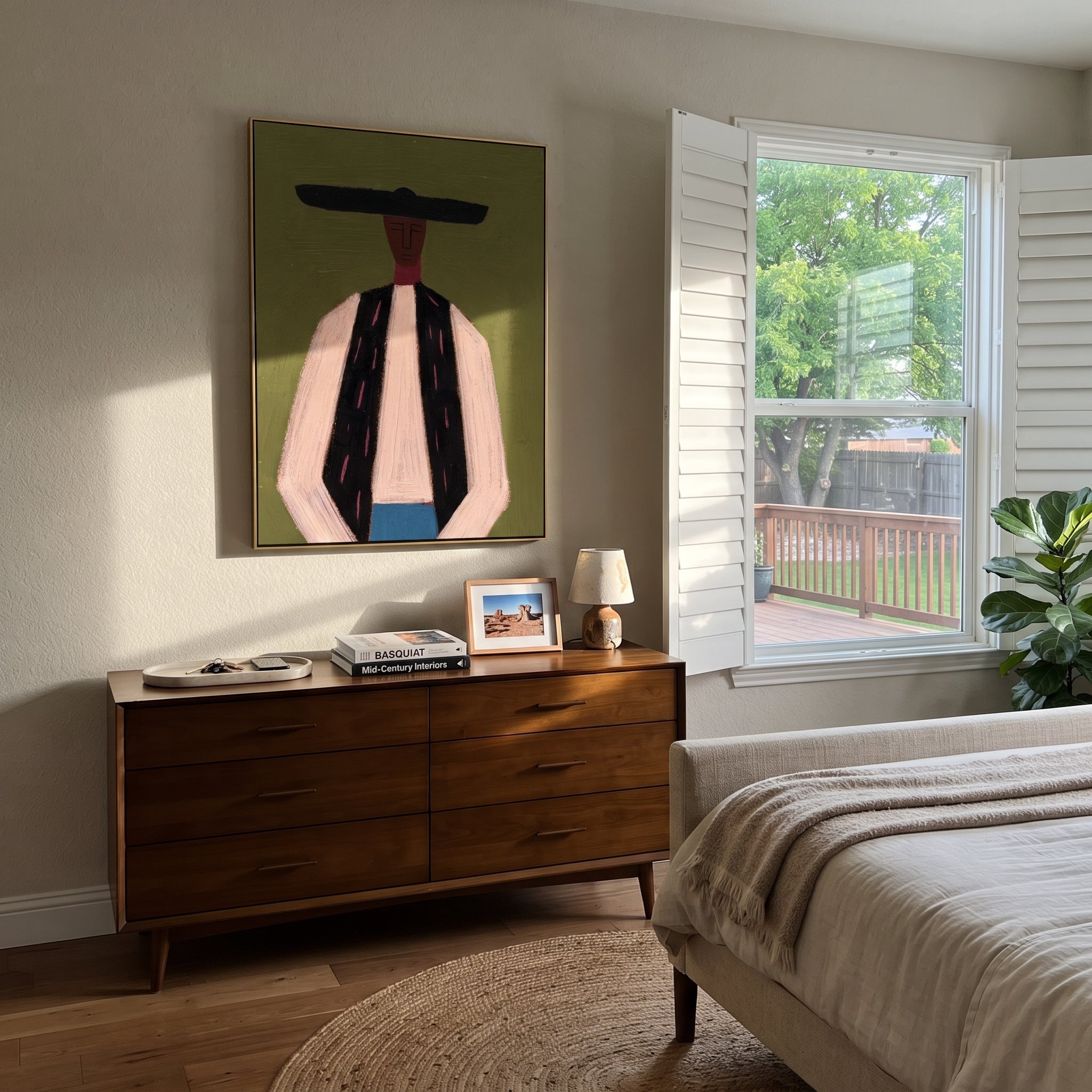 Black Bar Meets Linen - minimal western man painting by Elliot Vale, modern figurative vertical wall art - styled room scene view 3