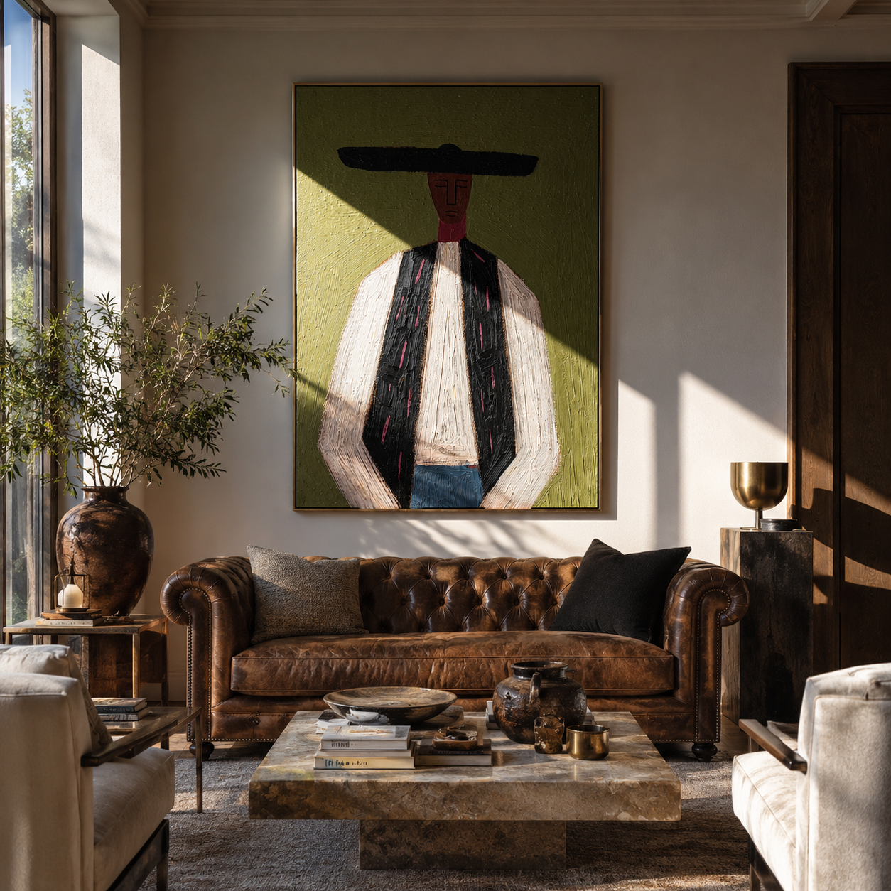 Black Bar Meets Linen - minimal western man painting by Elliot Vale, modern figurative vertical wall art - styled room scene view 4