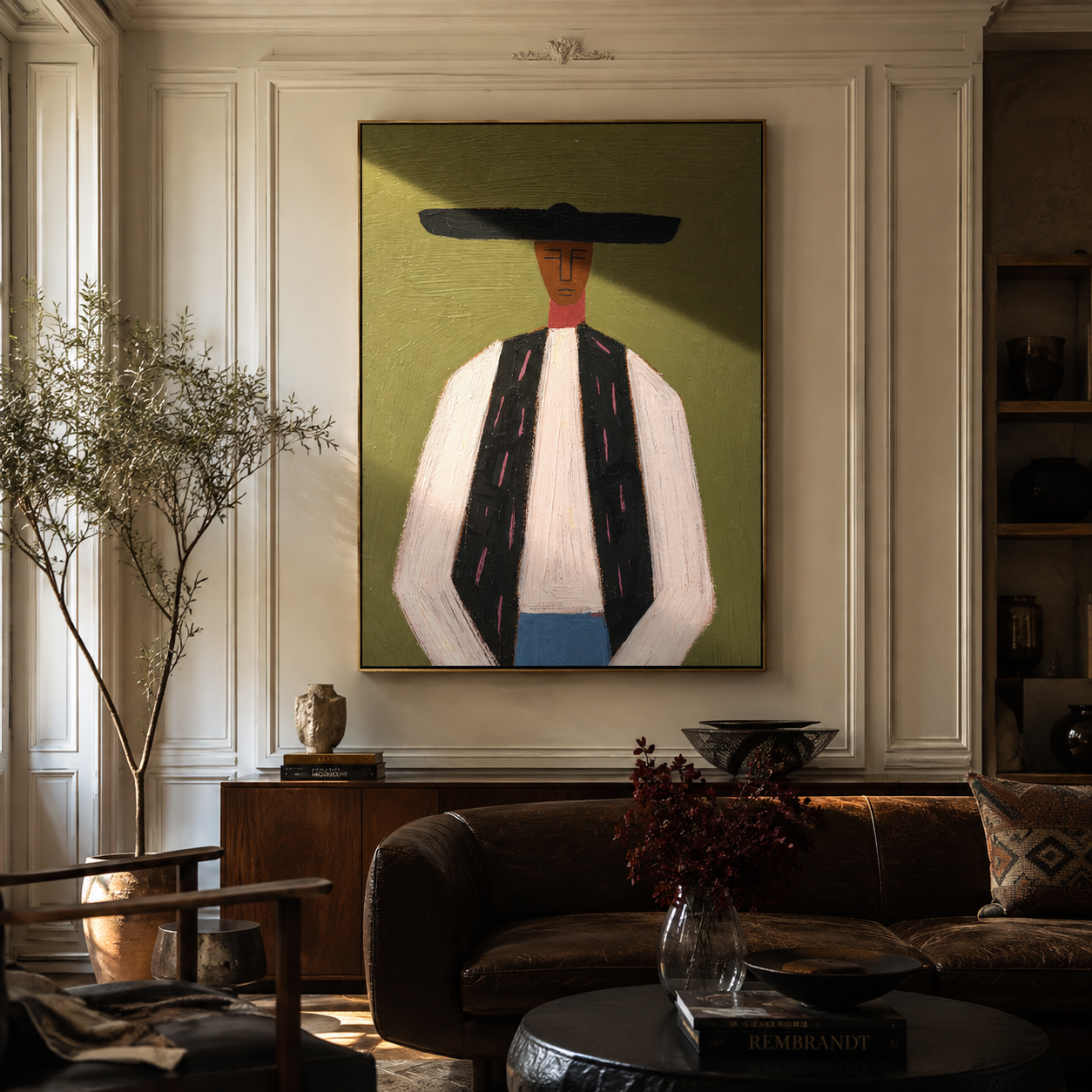 Black Bar Meets Linen - minimal western man painting by Elliot Vale, modern figurative vertical wall art - styled room scene view 5